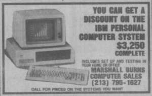 Marshall Burns Computer Sales ad for first PC clone, LA Times, 1982